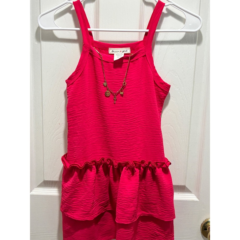 Dream Girl Kids Hot Pink Ruffle Tiered Dress with Charm Necklace Size 6X